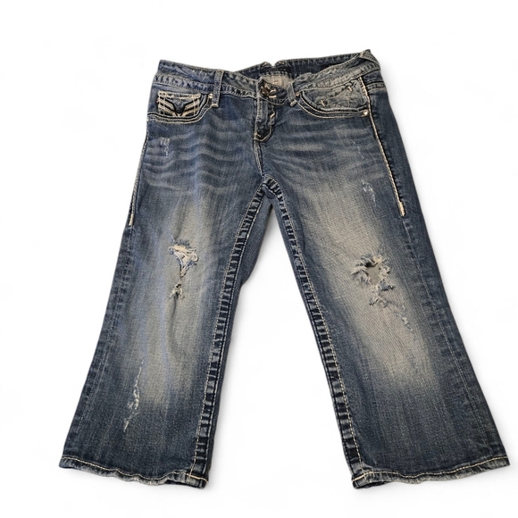 Y2K VIGOSS The Dublin Capri Jeans 9/10 Blue Embellished Rhinestone Bling Denim - Picture 1 of 16